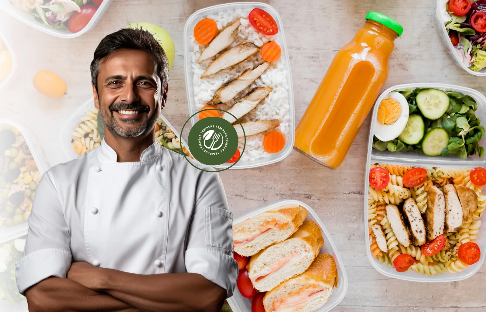 Chef sorridente de dólmã branco ao lado de marmitas saudáveis com frango, saladas e sucos naturais
